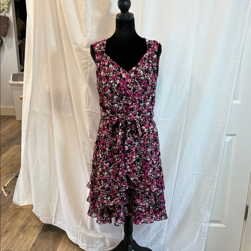 White House Black Market Black and Pink Floral Ruffle Midi Dress - Picture 2 of 15